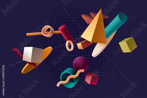 Colored 3D geometric shapes. Realistic vector design.