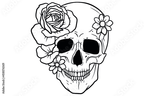 Set of skulls with flowers. Collection of human skull portrait with floral wreath. Vector illustration isolated on white background.
