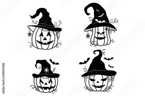 Scary and funny faces of Halloween pumpkin or ghost . Vector collection.