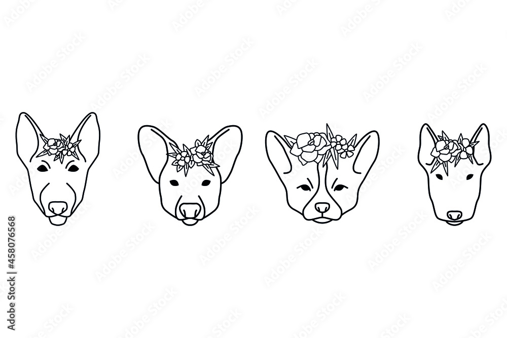 Fototapeta premium Dogs head is flowered, Lush bright wreath on a dog head, Symbol of India, Vector illustration of hand draw, Feshin symbol of the new year.