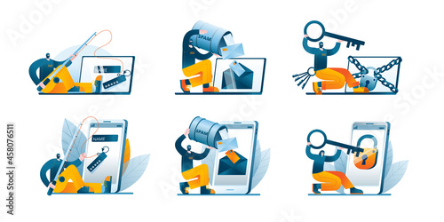 A hacker is engaged in phishing on laptop or smartphone. The thief opens the protection of computer and phone. A set of illustrations with characters on the topic of cybercrime.