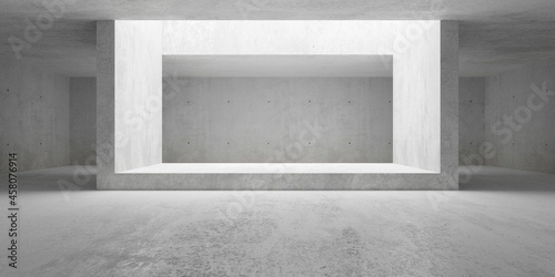 Empty modern abstract concrete room with open ceiling light and wide concrete frame, product presentation template background