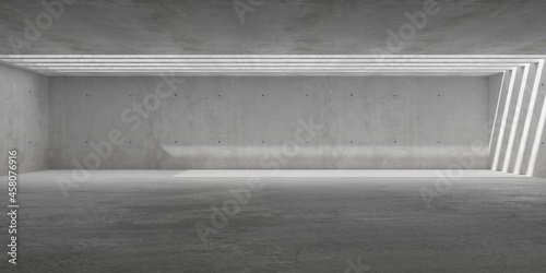 Abstract empty, modern concrete walls room with sunlight shafts and rough floor - industrial interior background template