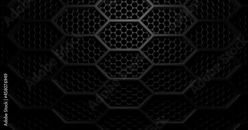 Fotografie Double layer black thin hexagon honeycomb grid grill background with light from