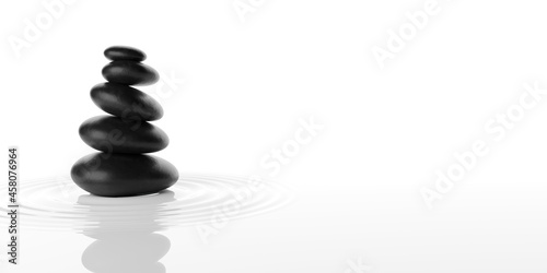 Photography Stack of black pebbles with water on white background, zen, spa, yoga or meditat