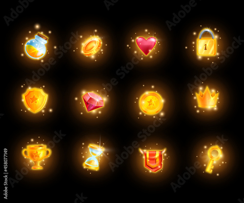 Game UI design icon set, vector user interface casino golden award kit, mobile app reward badge, coin. Online prize objects, success bonus gift, shield, flask, crown. Magic glow game icon collection