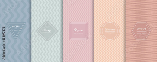 Vector collection of wavy geometric seamless patterns in trendy pastel colors. Abstract minimal striped textures with elegant modern minimalist labels. Stylish geo wave backgrounds collection design
