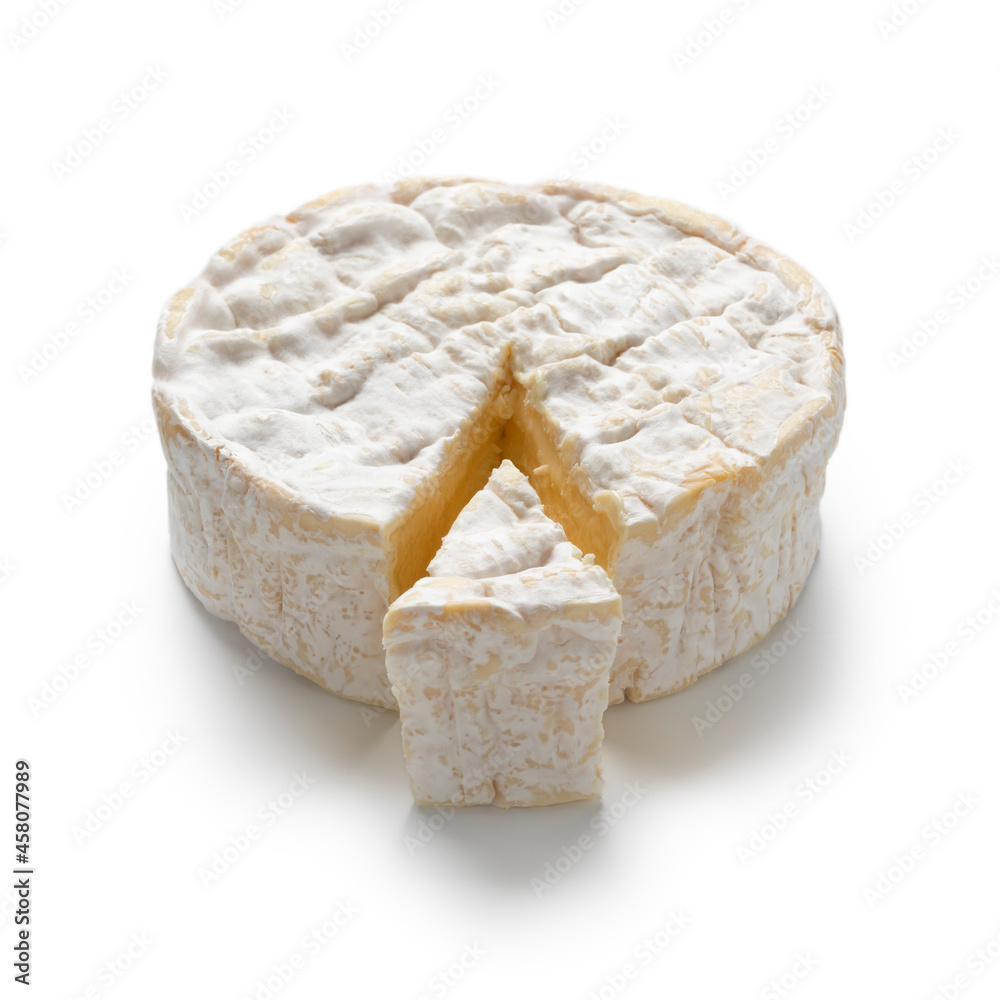 Traditional single French Camembert cheese and a piece isolated on white background 