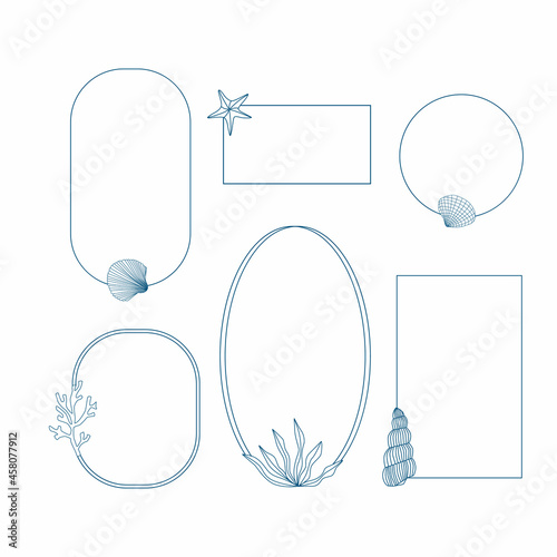 Set of vector sea vintage frames. Borders with shell, starfish, coral, seaweed. Line illustration.