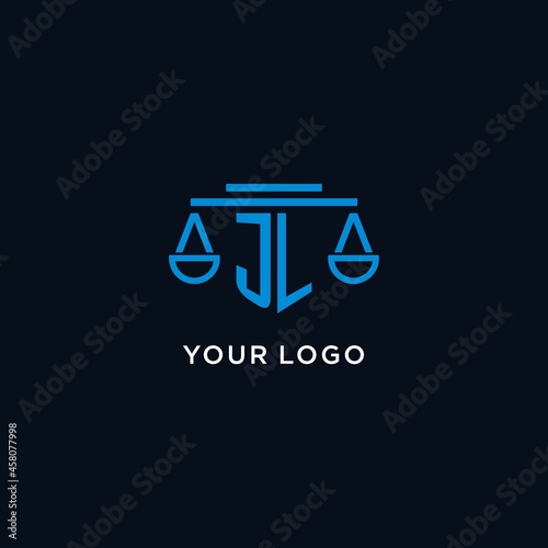 JL monogram initial logo with scales of justice icon design inspiration