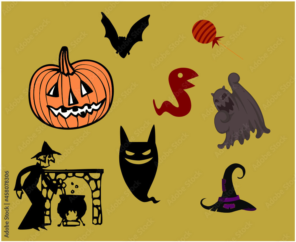 Fototapeta premium Abstract Design Halloween Day 31 October Objects Ghost candy and bat Dark illustration Pumpkin Vector