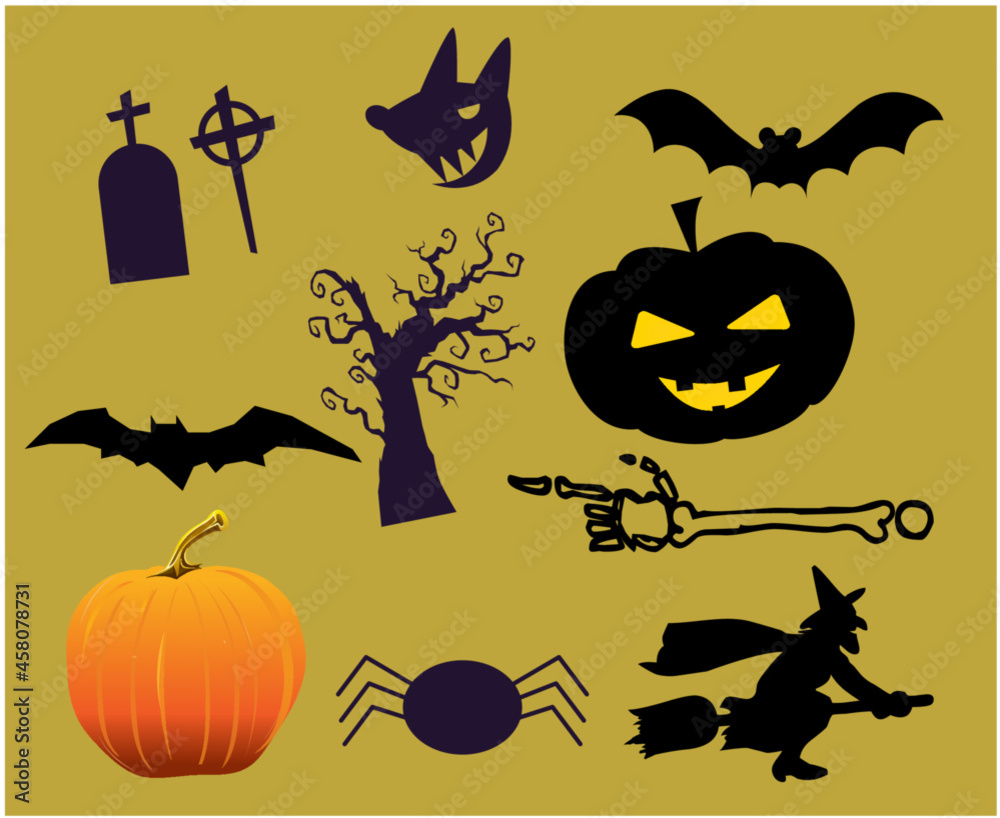 Objects Design Halloween Day 31 October Event Bat Tomb and Spider illustration Pumpkin Vector