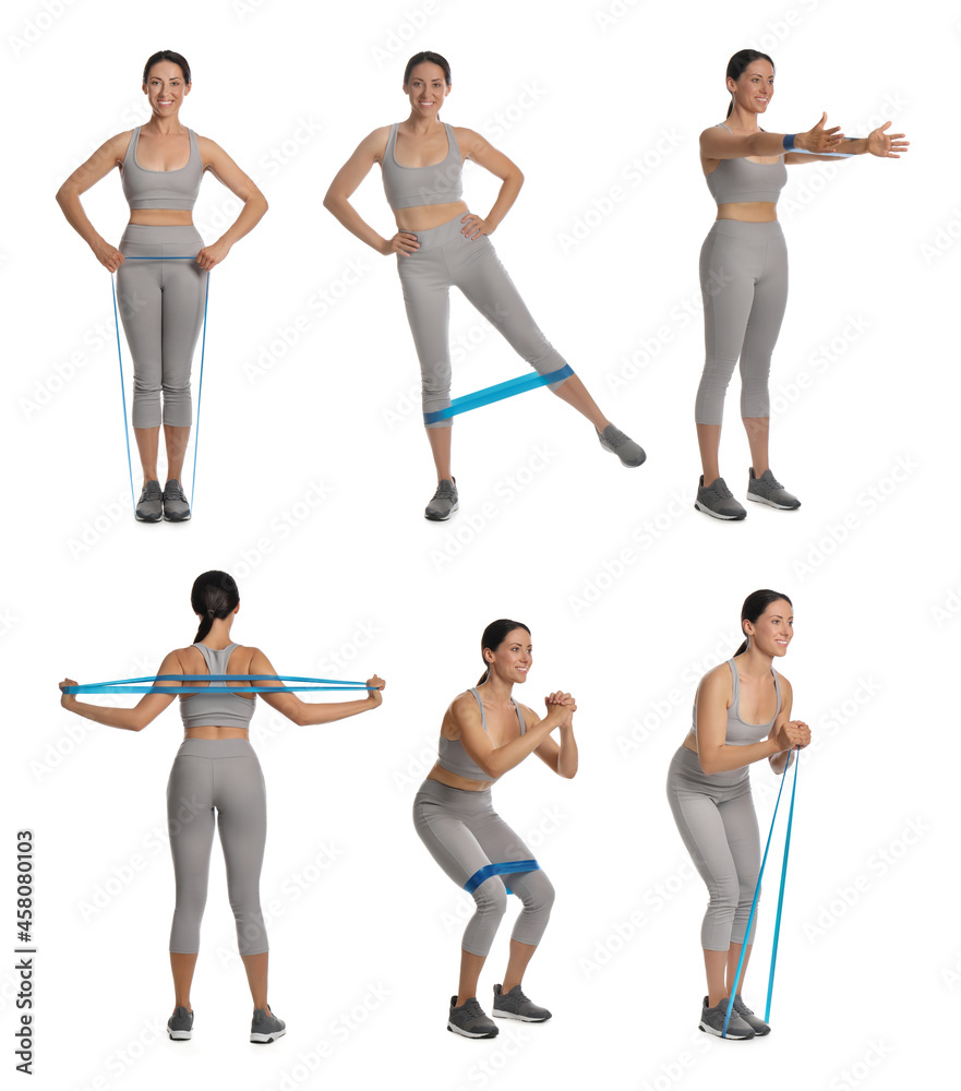 Woman doing sportive exercises with fitness elastic band on white background, collage Woman doing sportive exercises with fitness elastic band on white background, collage