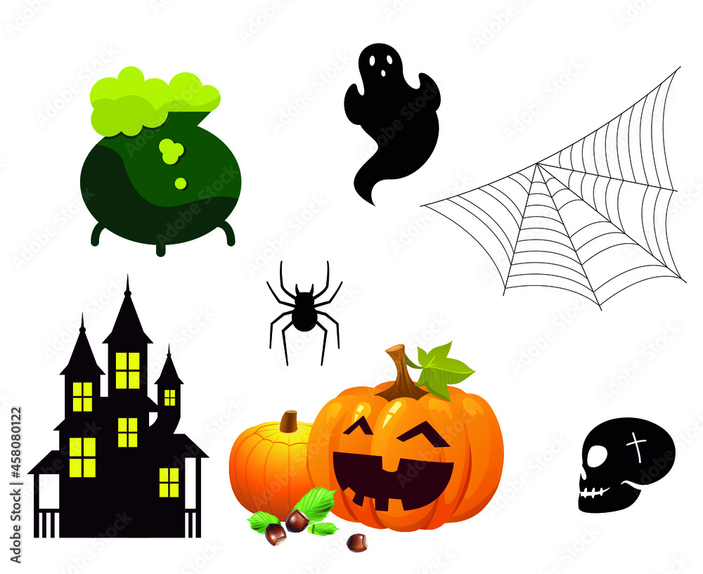Abstract Objects Happy Halloween 31 October with Pumpkin Orange Housse Ghost and Spider Vector Abstract Objects Happy Halloween 31 October with Pumpkin Orange Housse Ghost and Spider Vector