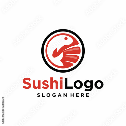 sushi logo with tuna fish concept. restaurant vector illustration. Sushi Logo Design With Fish. Isolated In White Background. Modern Design. Flat Logo.Vector Illustration.