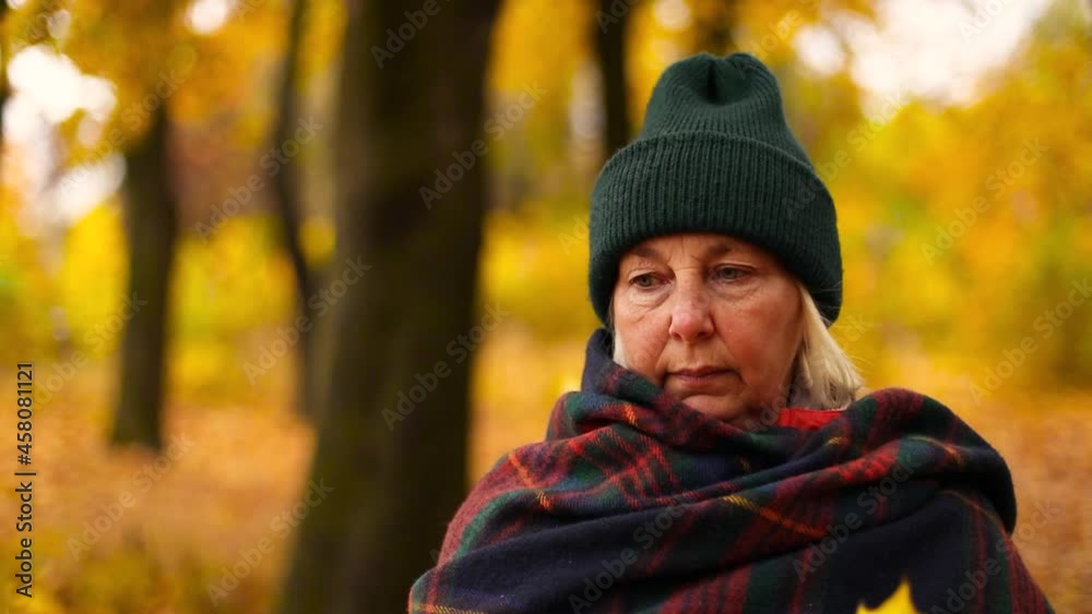 Adult blonde hair woman in a green warm hat and with a scarf walks in autumn gold park. Autumn mood, carpet of yellow leaves Adult blonde hair woman in a green warm hat and with a scarf walks in autumn gold park. Autumn mood, carpet of yellow leaves