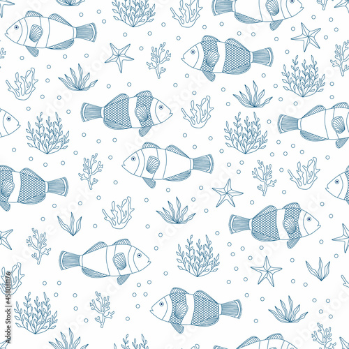 Seamless pattern with fishes, coral, bubbles, algae. Vector doodle illustration.