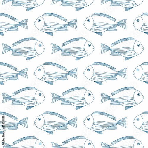 Seamless pattern with blue outline fishes. Vector illustration for baby and kids design. Doodle style.