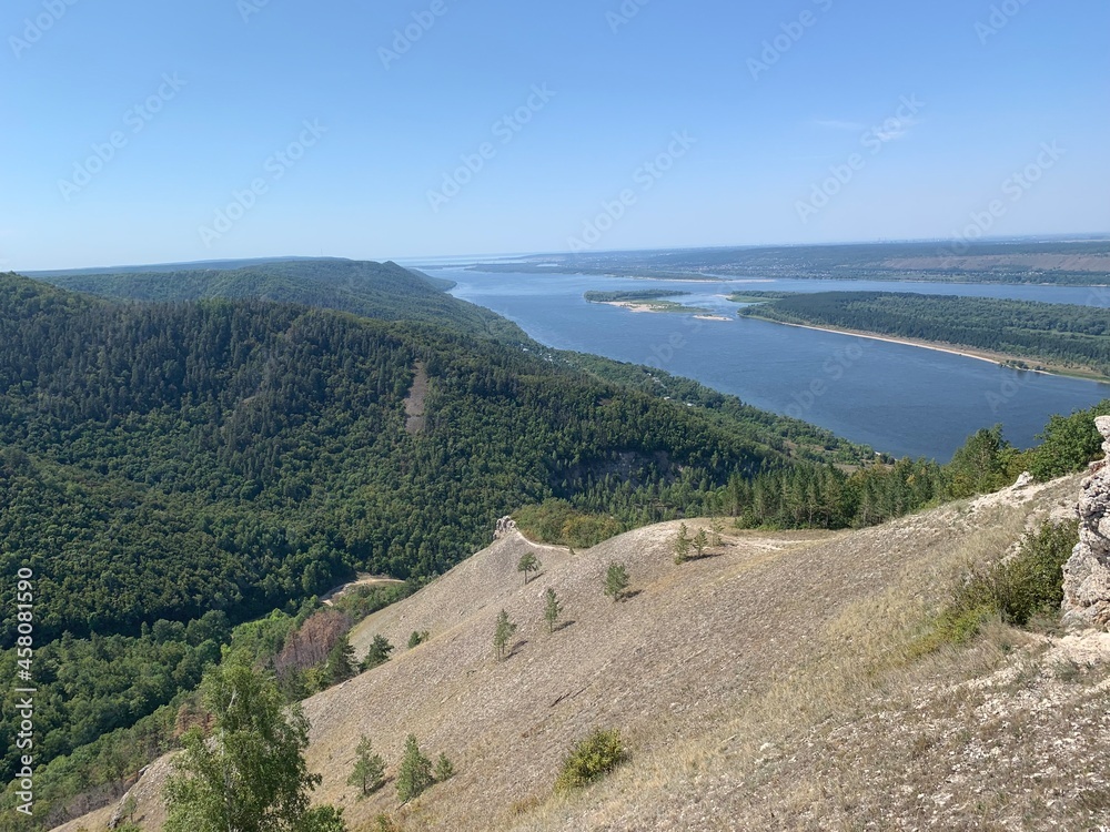 View of the Zhigulevsky mountains (covered with forest) and the Volga river from the Strelna mountain