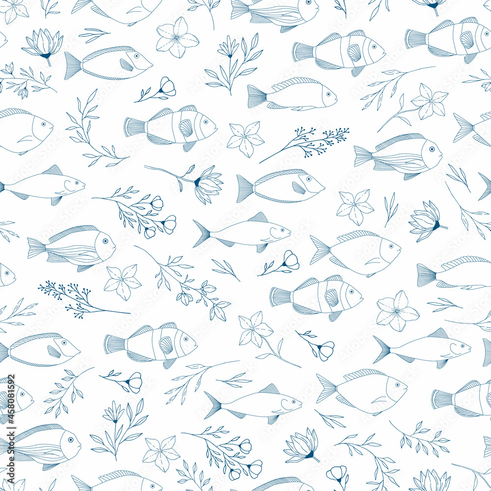 Fancy seamless pattern with flowers, plants and fishes. Line vector illustration. Fancy seamless pattern with flowers, plants and fishes. Line vector illustration.