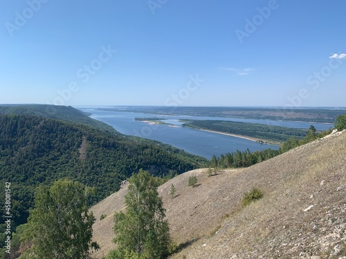 View of the Zhigulevsky mountains (covered with forest) and the Volga river from the Strelna mountain