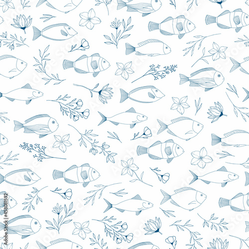 Fancy seamless pattern with flowers  plants and fishes. Line vector illustration.