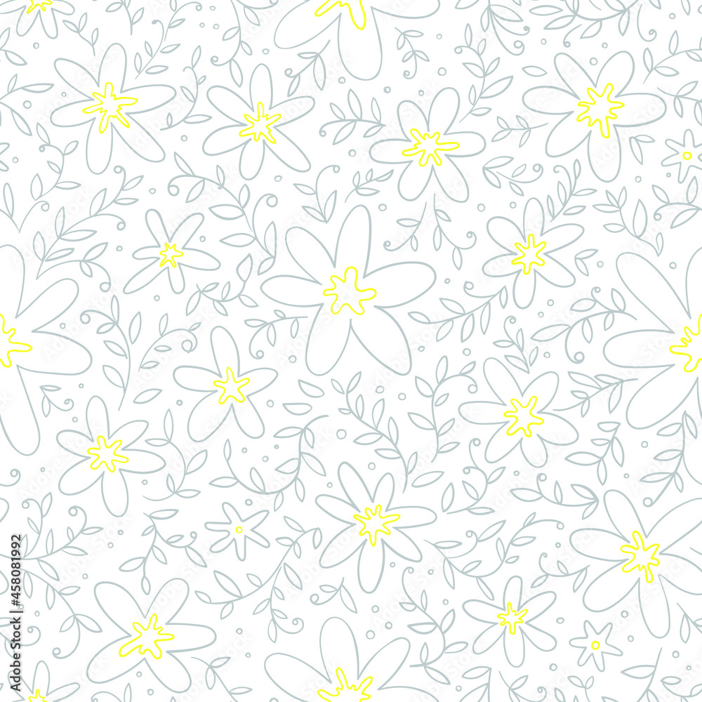 Cute white flowers with yellow hearts and small twigs and leaves. Seamless botanical pattern. Vector image.