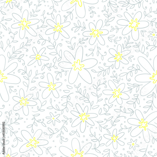 Cute white flowers with yellow hearts and small twigs and leaves. Seamless botanical pattern. Vector image.