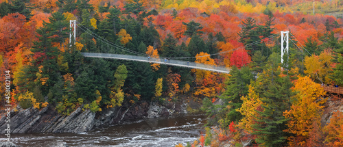 Chaudière River Suspension Bridge at Chaudière Falls Park surrounded with fall foliage.