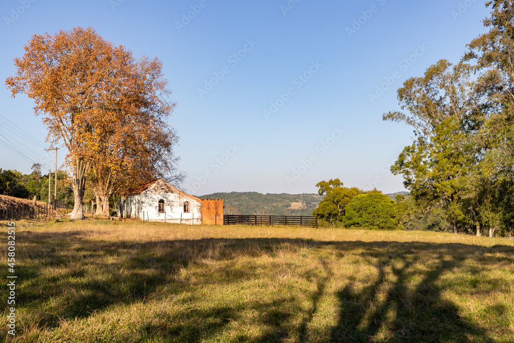 Stone house with trees and field