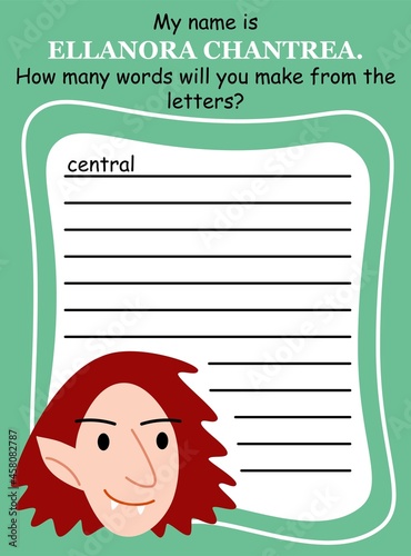 Halloween word game activity page for children in English vector illustration. Help the vampire to create as many words as you can from the given letters - printable worksheet for kids