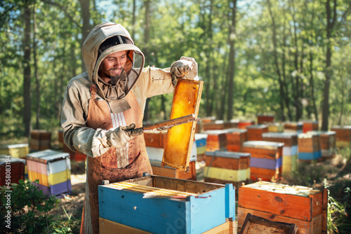 The beekeeper uses a bee brush. The process of harvest honey in the apiary.
