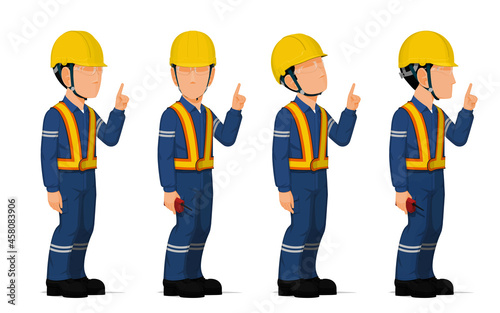 set of worker is pointing to something on white background