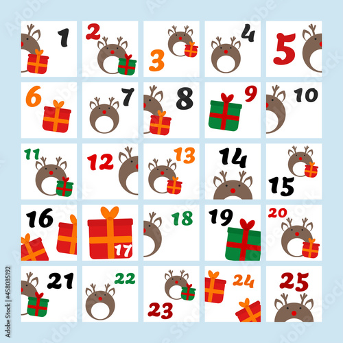 Fototapeta Naklejka Na Ścianę i Meble -  Christmas Advent calendar with hand drawn elements. Kids numbers. Winter event. Holiday vector illustration.