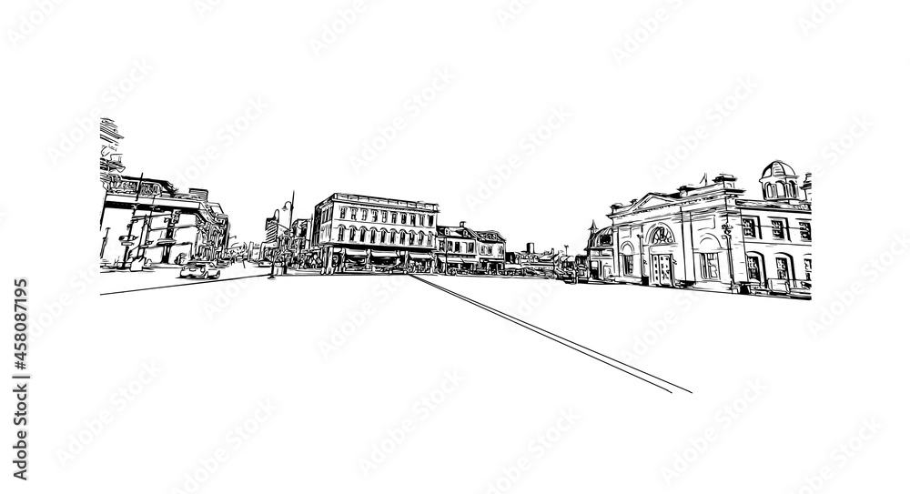 Building view with landmark of Kingstown is the capital of Saint Vincent and the Grenadines.. Hand drawn sketch illustration in vector.