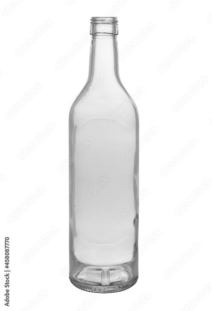 Empty open glass bottle for wine and other alcoholic beverages. Isolated on a white background, front view