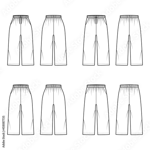 Set of Pull-On Pants Sport training shorts technical fashion illustration with elastic normal low waist, drawstrings, knee length. Flat bottom template front, back, white color. Women men unisex CAD