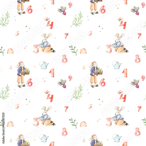 Watercolor floral seamless pattern with numbers, florals and bunnies. Botanical background with polka dots, greenery, characters. My little garden. Perfect for fabric, package, wrapping paper, textile