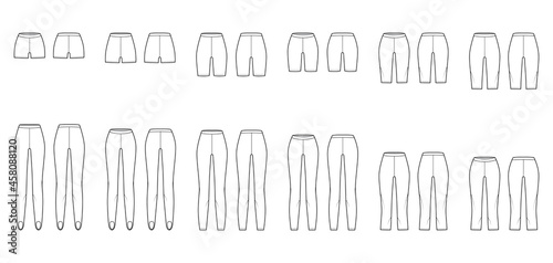 Set of Bike shorts Leggings technical fashion illustration with natural low waist, calf mini knee full length. Flat sport pants, trousers template front, back, white color. Women, men unisex mockup photo
