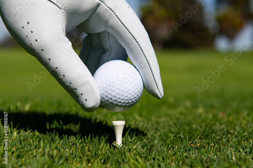 Hand putting golf ball on tee in golf course. Golf ball in grass.