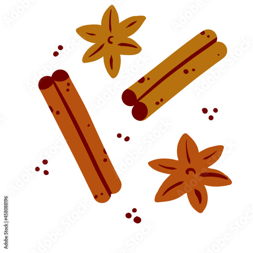 Set of spices. Cinnamon stick and brown anise flower. Doodle sketch cartoon illustration
