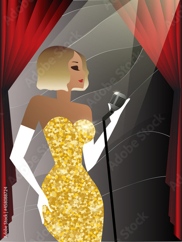 A singer in a shiny sequined dress sings jazz