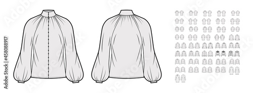 Set of blouses, tops, shirts technical fashion illustration with fitted oversized body, short elbow long sleeves. Flat apparel template front, back, grey color style. Women, men, unisex CAD mockup