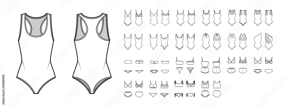 © Vectoressa - Set of swimsuit lingerie technical fashion illustration with one piece or separate bras and panties. Flat brassiere template front, back, white color style. Women, men, unisex underwear CAD mockup
