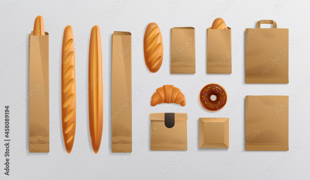 Realistic baked goods with paper package mockup set for Bakery brand design. Bakery products set of french baguette, loaf, croissant, donut in a package. Paper bread food packaging. Vector template Realistic baked goods with paper package mockup set for Bakery brand design. Bakery products set of french baguette, loaf, croissant, donut in a package. Paper bread food packaging. Vector template
