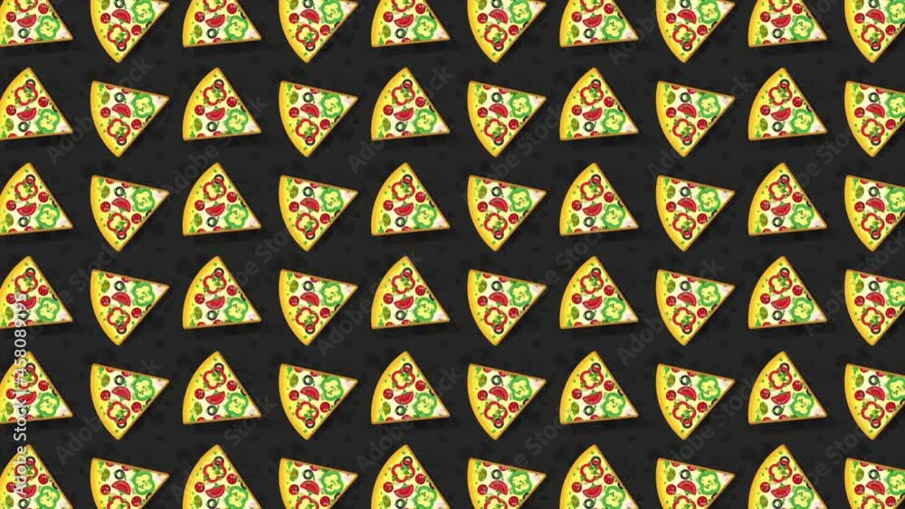 Pizza, pieces of pizza on a black background. Looped flat animation. Pizza, pieces of pizza on a black background. Looped flat animation.