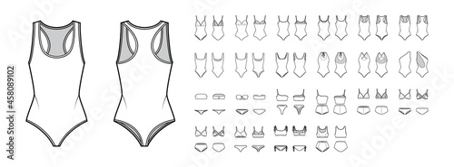 Set of swimsuit lingerie technical fashion illustration with one piece or separate bras and panties. Flat brassiere template front, back, white color style. Women, men, unisex underwear CAD mockup