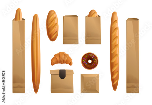 Stampa su tela Realistic vector baked products with paper package mockup set for Bakery brand identity design