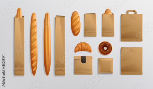 Realistic baked goods with paper package mockup set for Bakery brand design. Bakery products set of french baguette, loaf, croissant, donut in a package. Paper bread food packaging. Vector template
