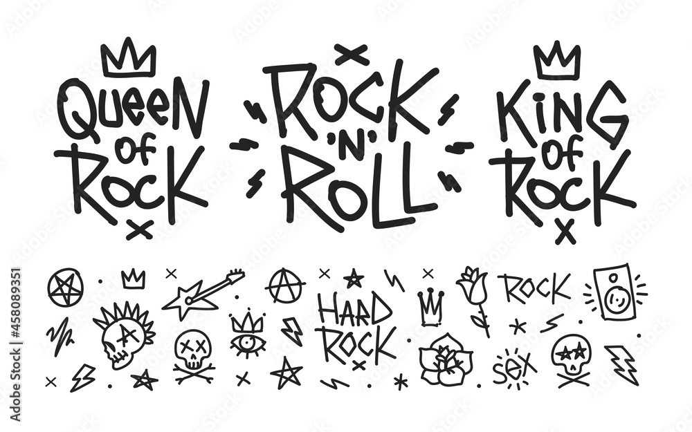 Set of Rock n roll doodle style pattern symbols collection with Punk ...